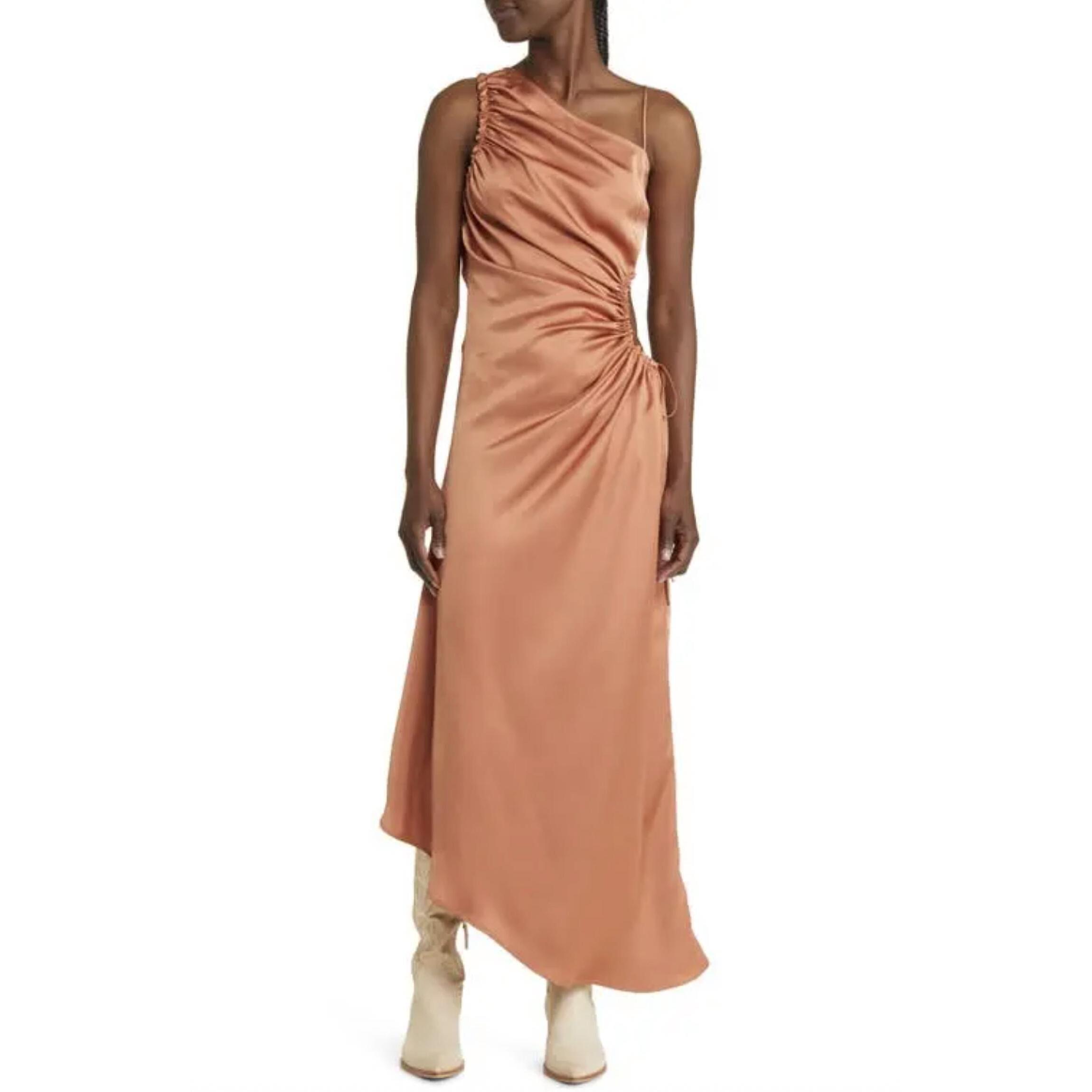 New Moon River Ruched Asymmetric Satin Maxi Dress In Terracotta